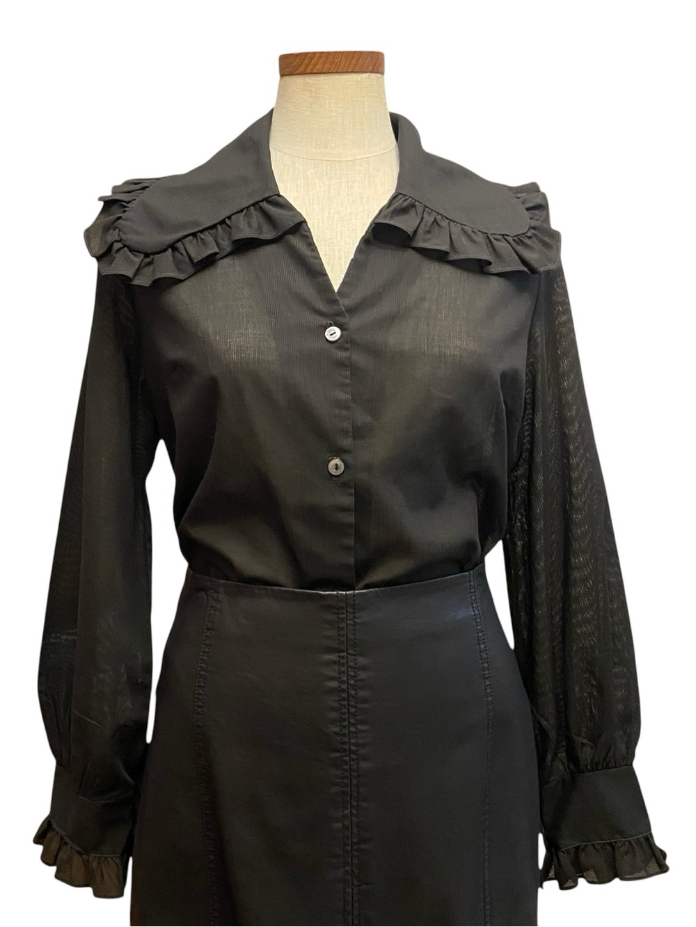 Vtg Jane Hunter Black Semi Sheer Ruffle Collar Button Down S Whimsigoth